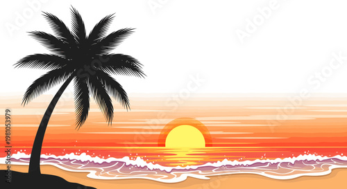 Vibrant tropical beach sunset illustration with palm silhouette, orange sky, and ocean waves reflecting golden light on sandy shore