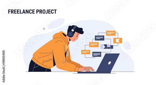 Freelance Project: Man Working on Laptop with Headphones and Flowchart