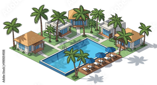 Isometric view of a tropical resort with swimming pool, palm trees, and bungalows surrounded by lush greenery, perfect for vacation and relaxation