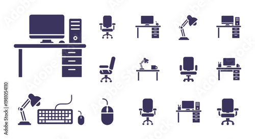Collection of modern office desk and chair icons, computer equipment, and lamps for a professional workspace setup