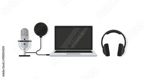 Audio recording setup with a laptop, microphone, and headphones, perfect for podcasting or music production