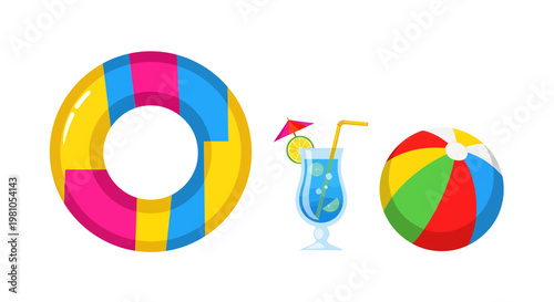 Colorful summer vacation elements inflatable ring, refreshing drink, and beach ball on a white background