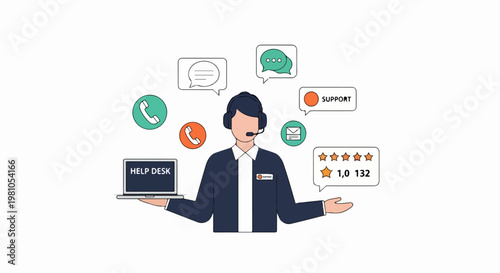 Male customer support representative with headset laptop and communication icons for help desk