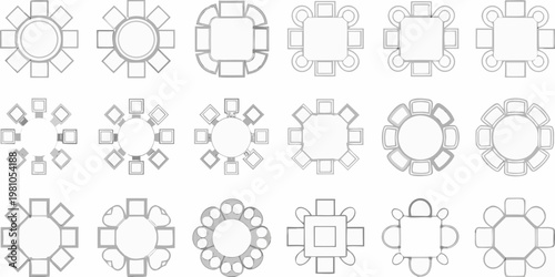 Collection of various table top down views and seating arrangements