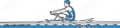 Rower maneuvers a sleek racing shell across the calm surface of a blue waterway during a competitive training session.