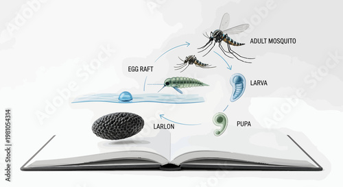 Mosquito Life Cycle stages Egg raft, Larva, Pupa, to Adult Mosquito