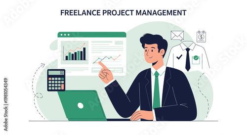 Freelance Project Management: Man analyzing charts on laptop, calculator, business concept