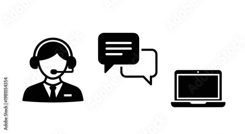 Customer service representative with headset, chat bubbles, and laptop symbolizing online communication and support
