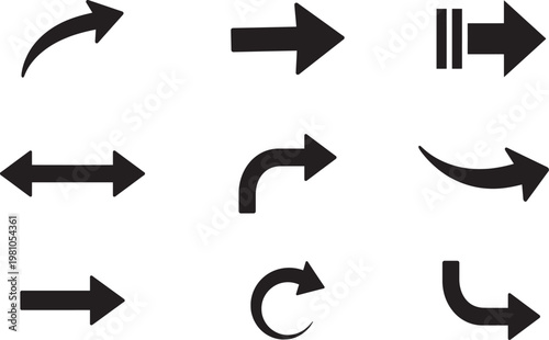 Arrow SVG Bundle - Set of Nine Black Direction Pointer Icons with Curved Straight and Double Sided Arrows for UI Web