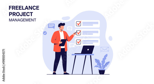 Freelance Project Management: Man checking tasks on checklist, laptop, modern office illustration