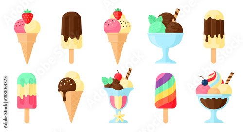 Collection of various ice cream treats in cones and cups, including popsicles and sundaes with toppings, presented on a white background