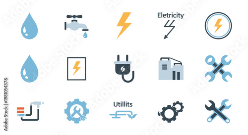 Set of utility icons for water, electricity, and repair services, featuring a faucet, lightning bolt, plug, and tools for industry and home maintenance