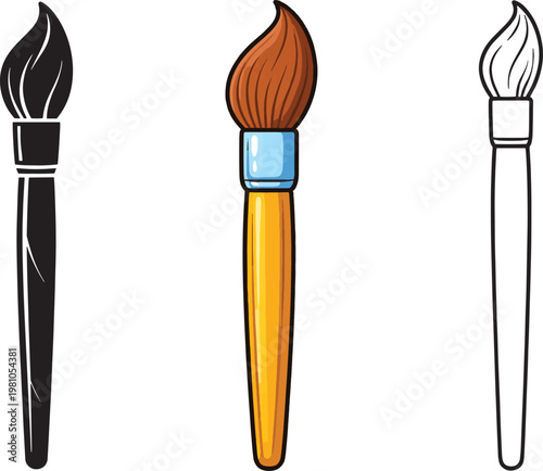 Paint Brush SVG Bundle - Set of Three Art Brush Icons in Silhouette Color and Outline Style for Artist Craft Drawing 