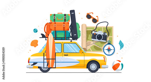 Yellow car packed with luggage and surfboard, ready for a road trip adventure with map and compass