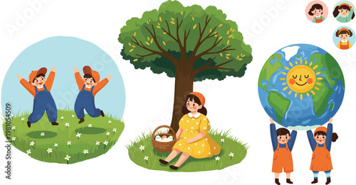 Flat Vector Illustration of a Cute Girl Having a Picnic Under a Tree with a Basket for Summer Outdoors and Nature Conservation Graphic Designs