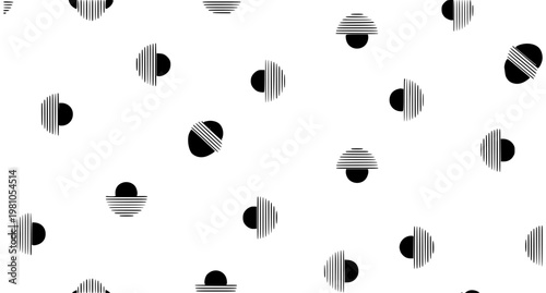 Minimal seamless vector pattern with scattered geometric striped shapes and semicircle elements in modern abstract tile composition for clean background design
