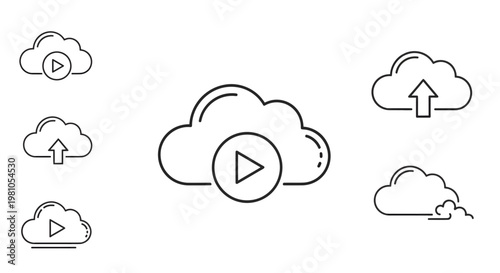 Cloud storage and upload icons upload, download, playback, and data transfer symbols