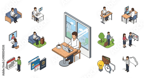 Isometric icons showcasing remote work, business travel, and office productivity concepts