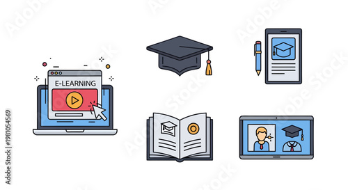 Online education and e-learning concept icons for digital courses and distant learning on a laptop, book, and smartphone