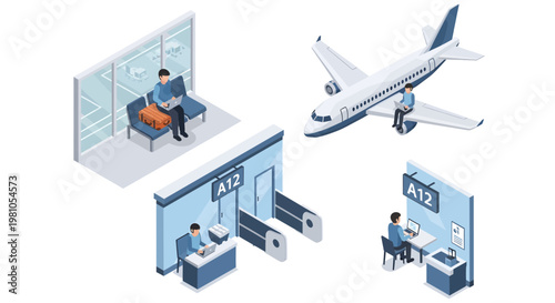 Isometric view of airport passenger terminal with airplane, waiting area, and security check