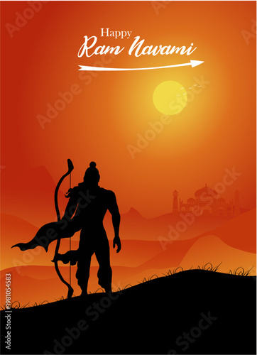 Happy Ramnavami and Dussehra festival. Creative concept banner design featuring the silhouette of Lord Rama from the Indian epic Ramayana.
