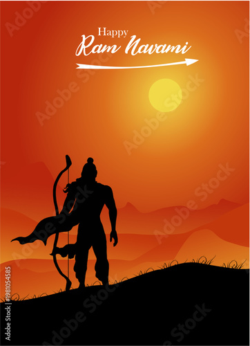Happy Ramnavami and Dussehra festival. Creative concept banner design featuring the silhouette of Lord Rama from the Indian epic Ramayana.