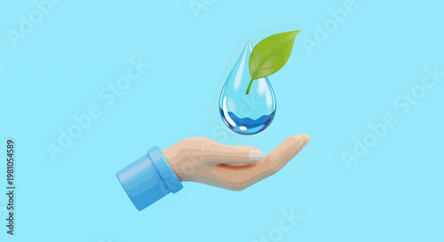 Hand holding a water droplet with a green leaf, symbolizing purity, life, and environmental care