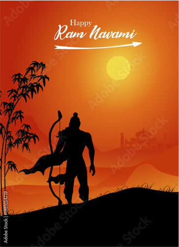 Happy Ramnavami and Dussehra festival. Creative concept banner design featuring the silhouette of Lord Rama from the Indian epic Ramayana.