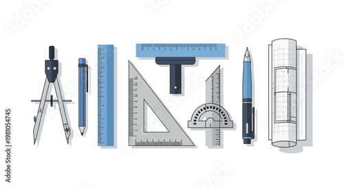A collection of drafting and drawing tools, including compass, ruler, protractor, set square, and technical pen, arranged in a linear fashion on a white background