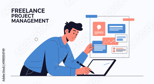 Freelance Project Management: Man working on laptop and project board