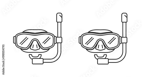 Two identical snorkel masks with breathing tubes, representing diving or water sports equipment, isolated on a white background