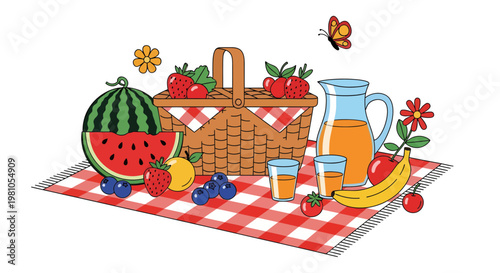 A vibrant picnic spread featuring fresh fruits, a basket of berries, and a refreshing pitcher of juice on a checkered blanket