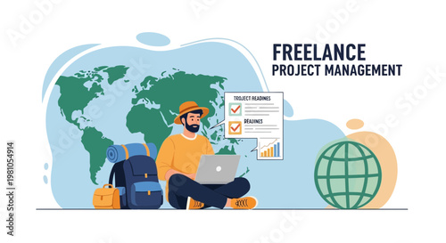 Freelance Project Management: Man working remotely with laptop and backpack, world map background