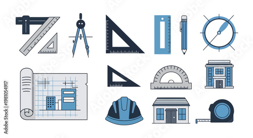 Collection of architectural and engineering tools, blueprint, and buildings on a white background