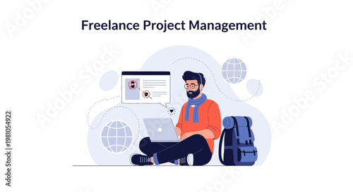Freelance Project Management: Man Working Remotely with Laptop and Backpack