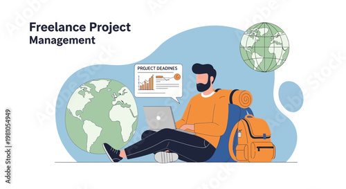 Freelance Project Management: Man working remotely with laptop and globes