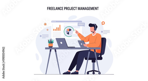 Freelance Project Management: Man Working Remotely with Laptops and Charts