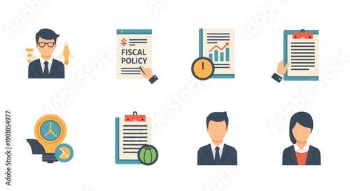 Collection of business icons representing fiscal policy, analytics, and professional profiles
