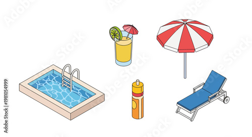 Summer vacation essentials a refreshing drink, a lounge chair, and a swimming pool with an umbrella