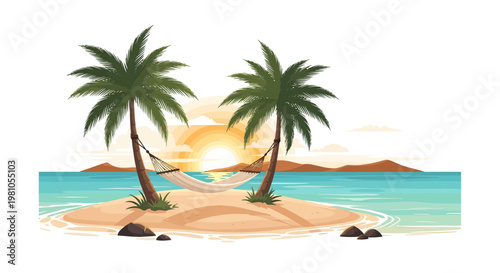 Tranquil tropical island with palm trees and hammock at sunset, serene beach paradise vacation