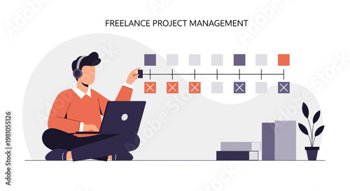 Freelancer managing project timeline with laptop and headphones, project management concept