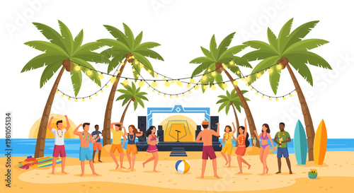 Vibrant beach party scene with palm trees, string lights, a stage, and dancing people enjoying a summer festival
