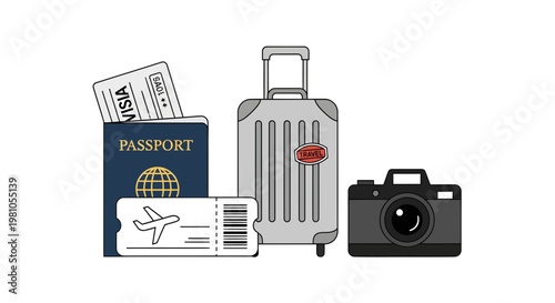 Embark on an adventure with essential travel items passport, tickets, luggage, and camera for your next journey