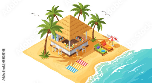 Tropical beach bar with palm trees, lounge chairs, and ocean waves, perfect for summer vacation and resort promotions