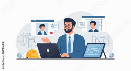 Architect Discussing Blueprints Online with Colleagues via Video Conference