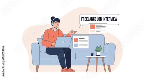 Freelancer on Sofa with Laptop, Online Job Interview