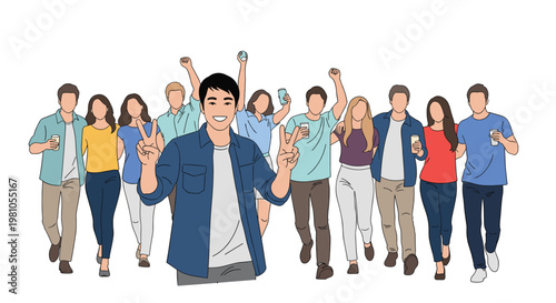 Diverse group of happy young people walking forward together while smiling and making peace signs in a celebratory mood.