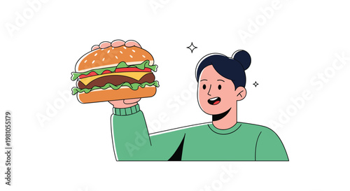 Happy young girl in a green sweater holding up a large delicious cheeseburger with stars sparkling around it.