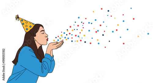 Young woman wearing a yellow party hat blowing colorful confetti from her hands to celebrate a special occasion.