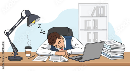 Tired businessman sleeping on his desk surrounded by stacks of papers and a laptop in a late night office setting.